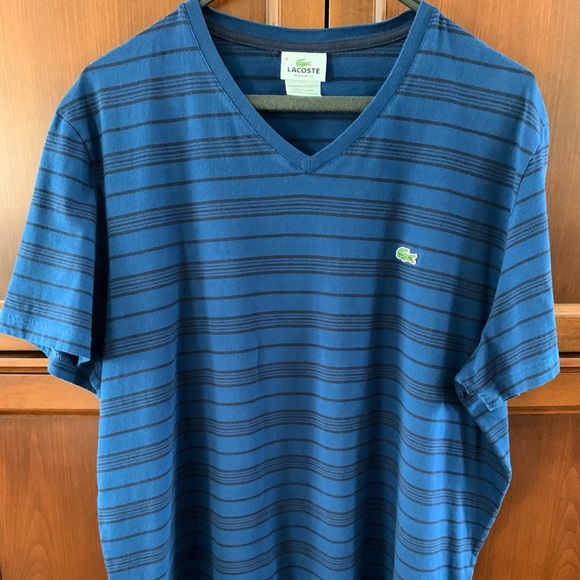 Lacoste dark blue cotton striped V neck men’s tshirt logo short sleeves size 8 - Picture 4 of 5